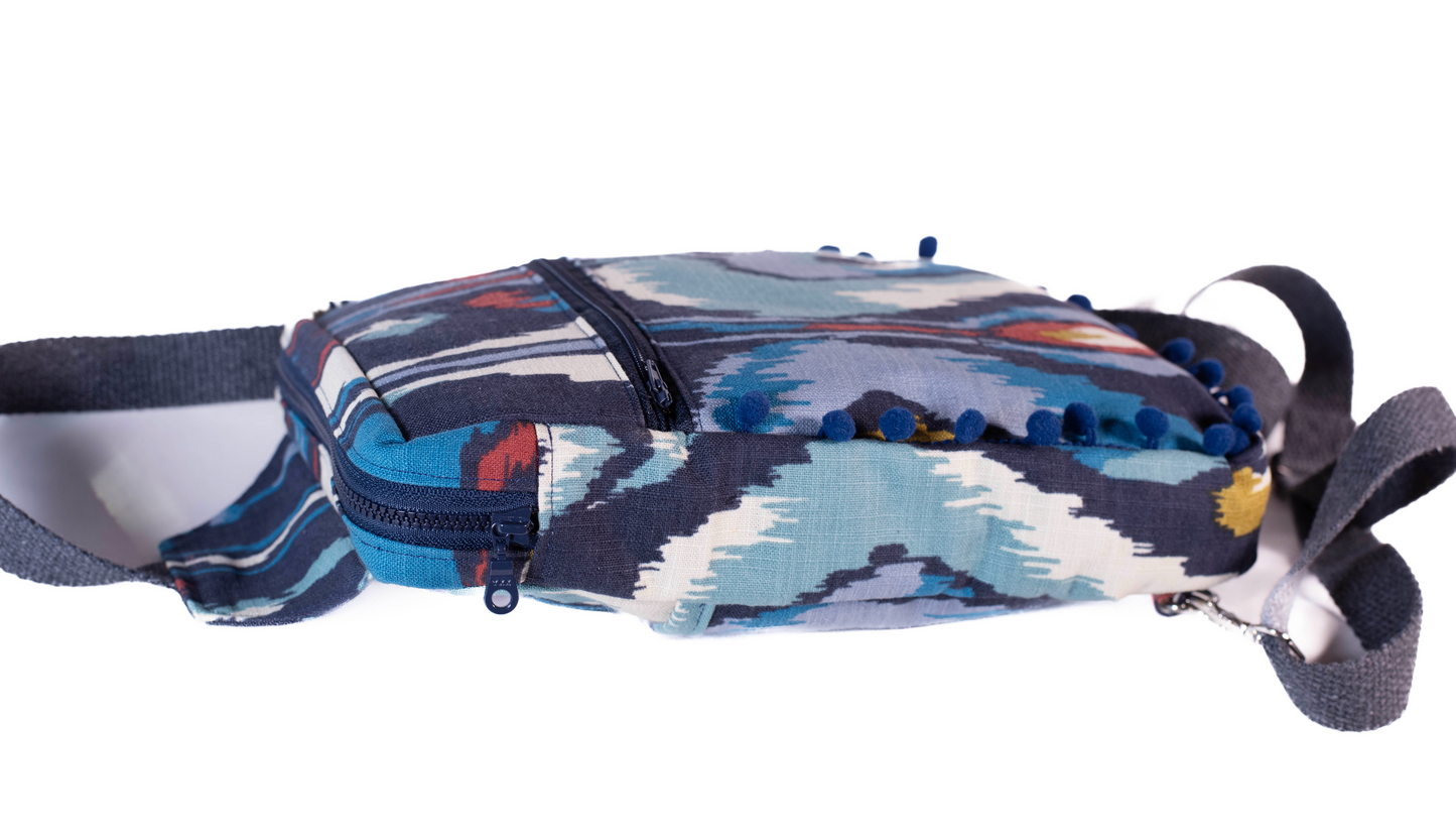 Bohemian Large Sling Bag in Blue w/ blue Pom Poms