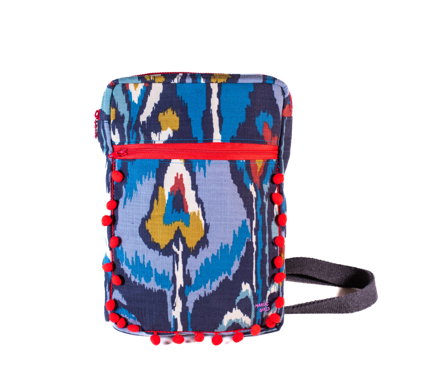 Blue Bohemian Large Slingbag- Red Pom Poms