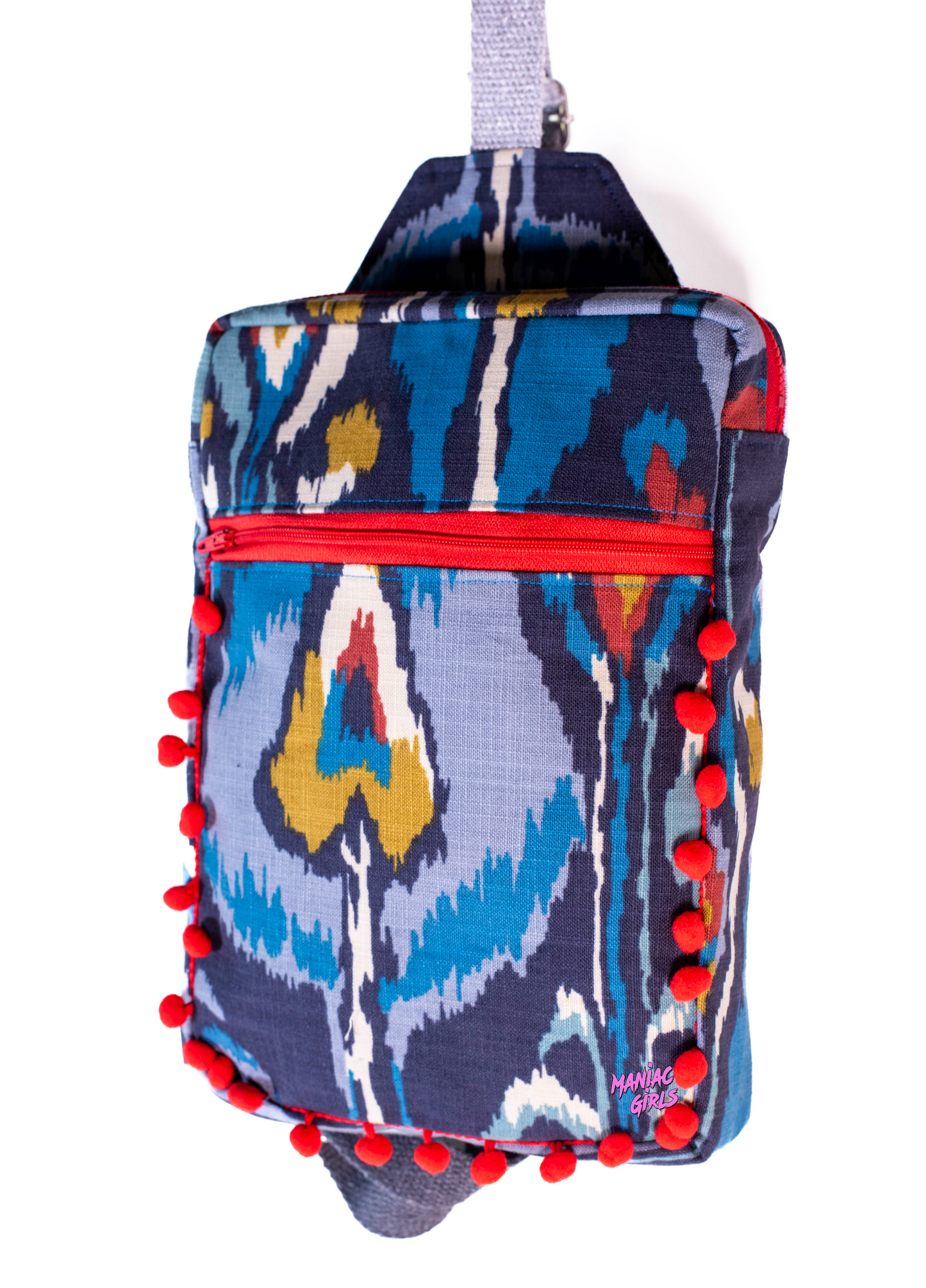 Blue Bohemian Large Slingbag- Red Pom Poms