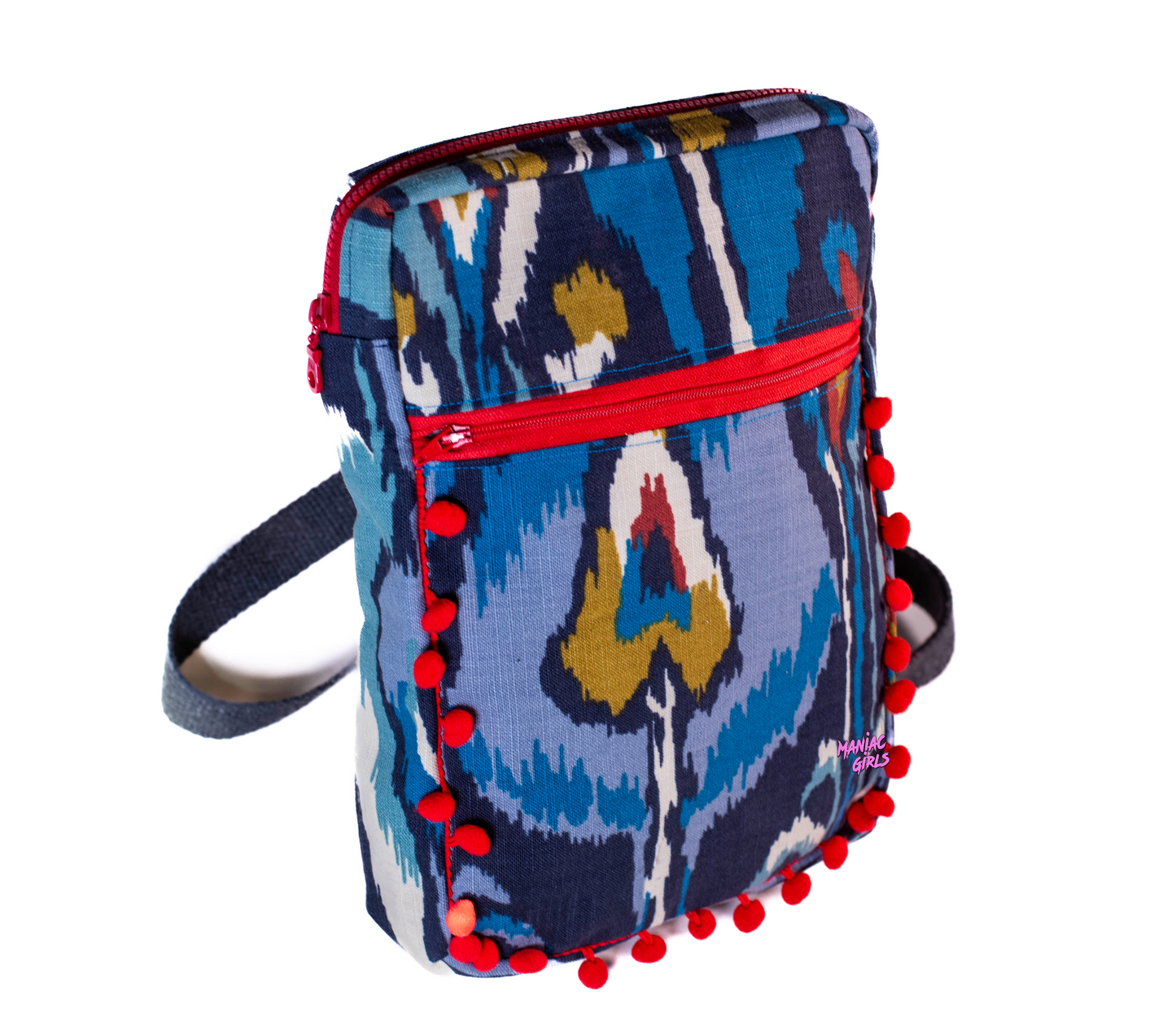 Blue Bohemian Large Slingbag- Red Pom Poms