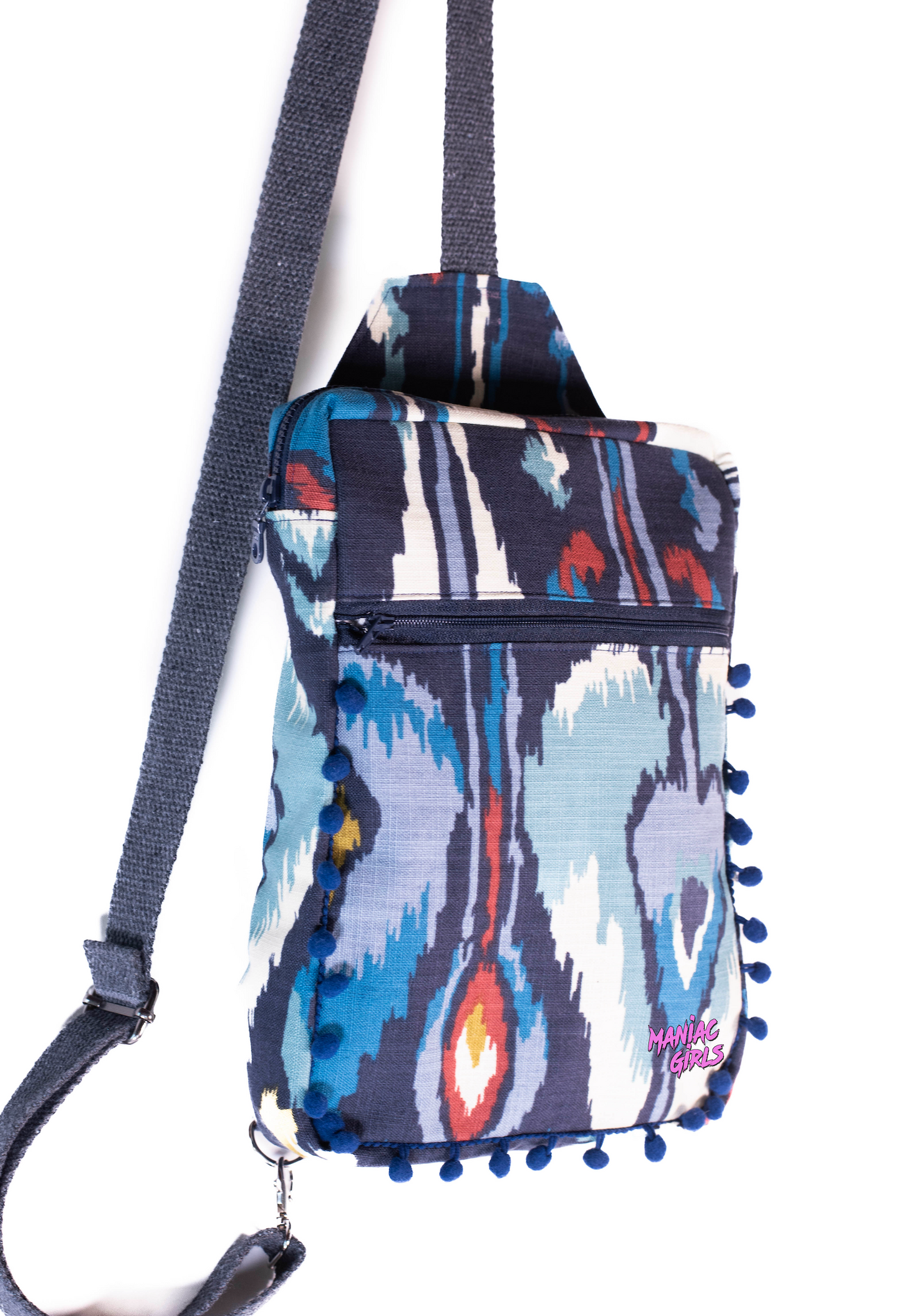 Bohemian Large Sling Bag in Blue w/ blue Pom Poms