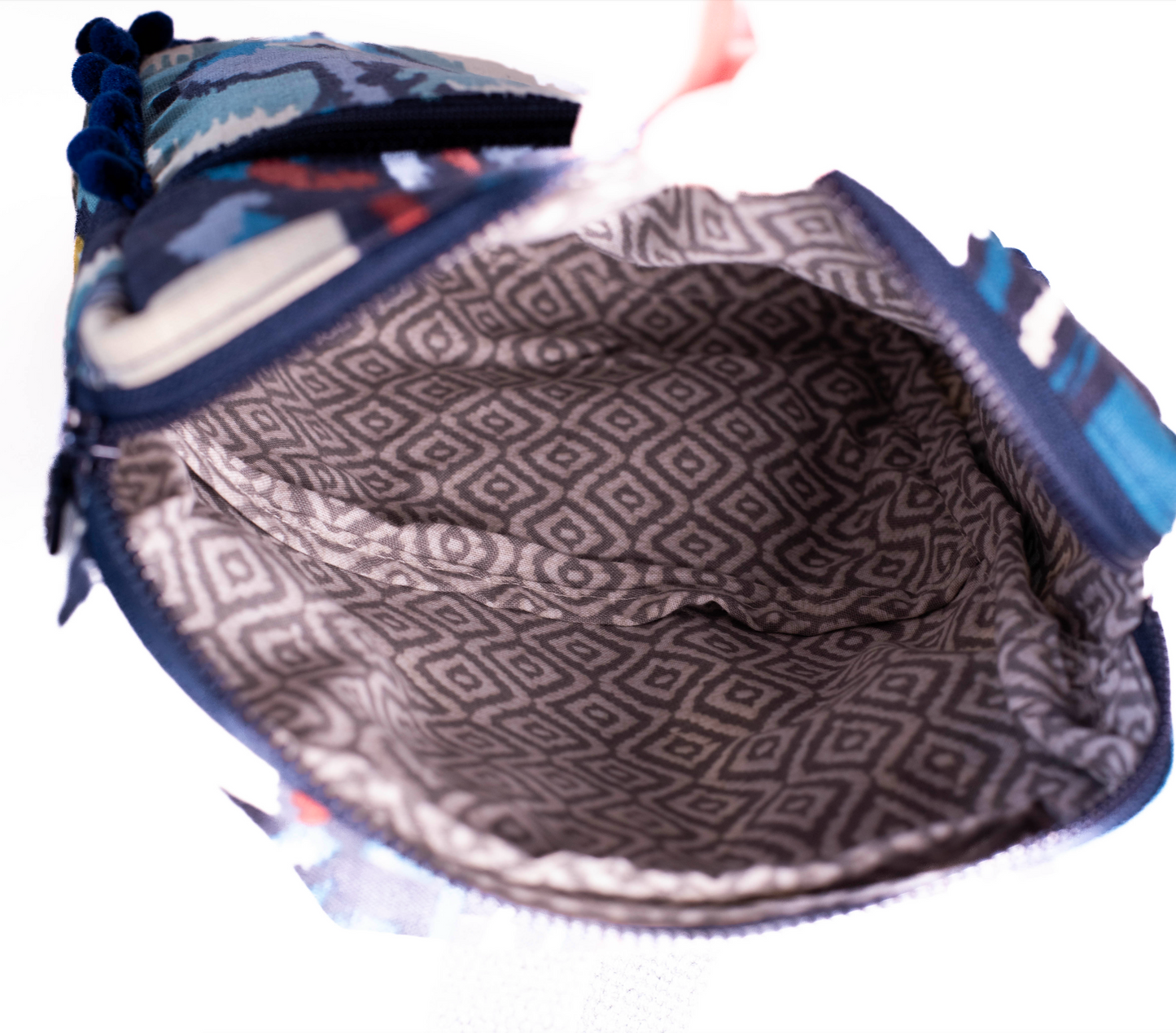 Bohemian Large Sling Bag in Blue w/ blue Pom Poms